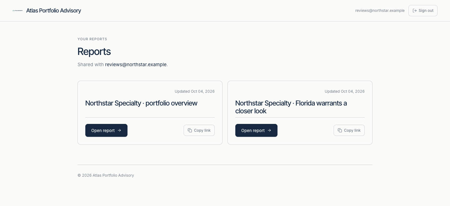 Real Atlas Portfolio Advisory private portal showing the reports shared with a fictional Northstar client