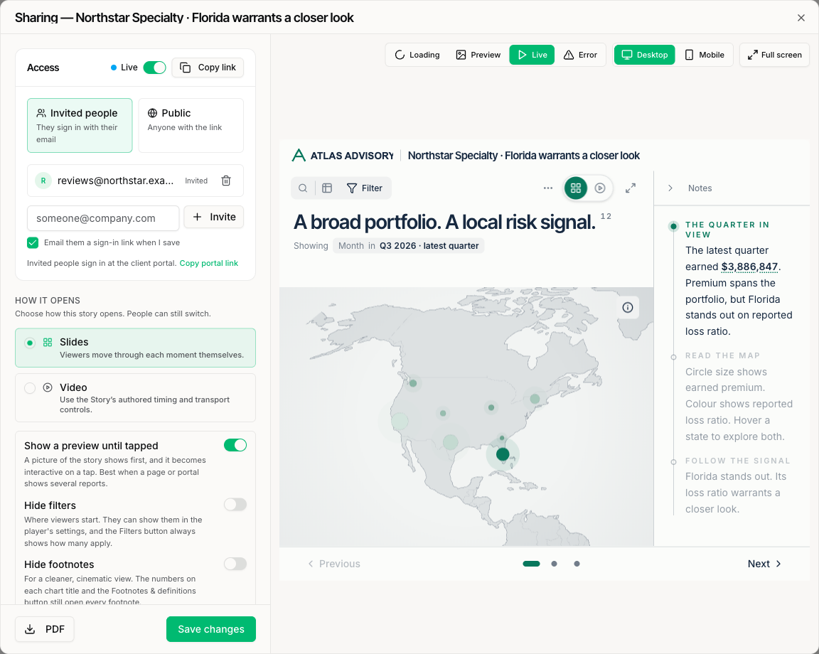 Vetori’s actual sharing dialog with private access, invited recipients and report delivery settings